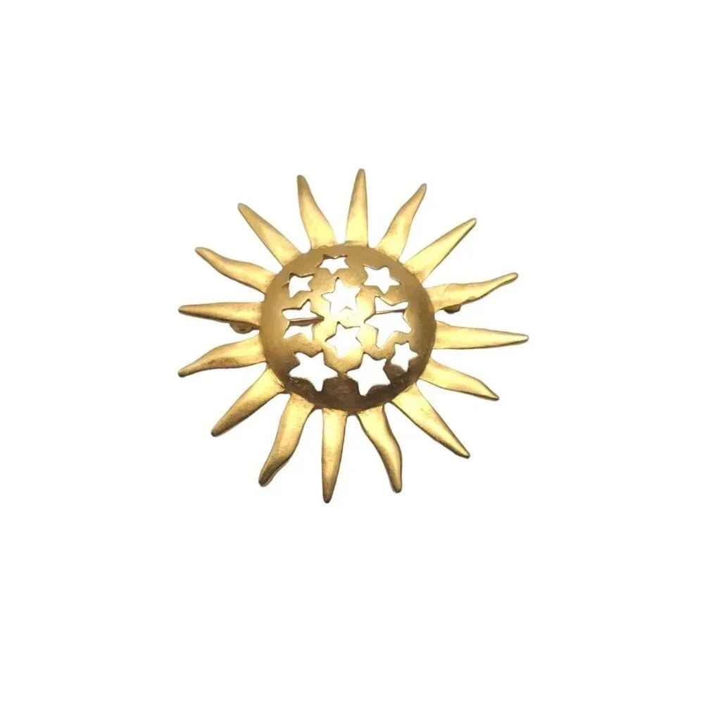 Sun Celestial Stars Cut Outs Brooch Pin Matte Gold Tone Vintage